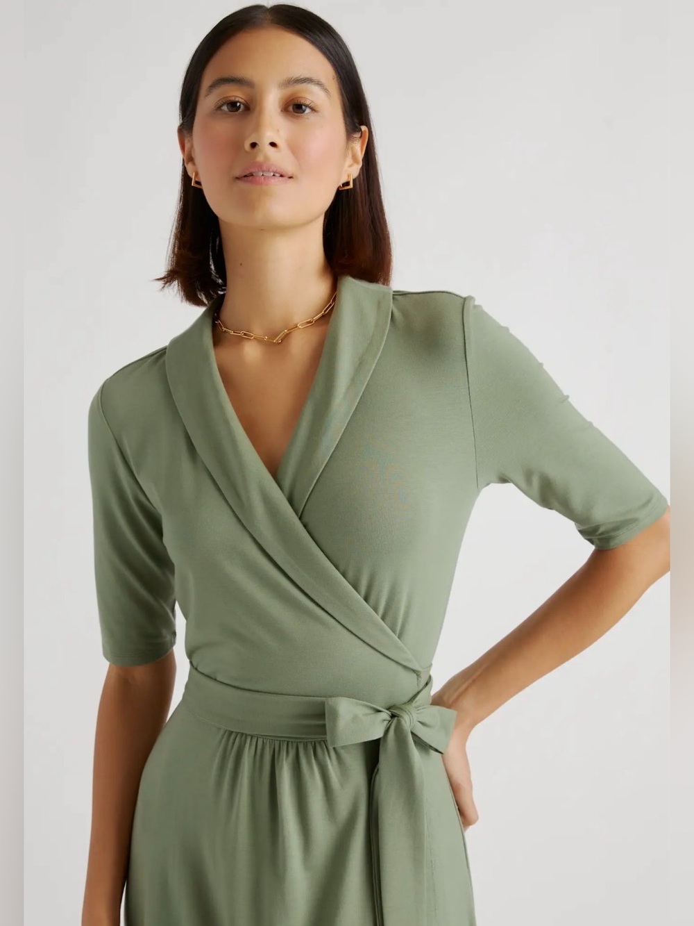 QUINCE Tencel Jersey Midi Wrap Dress Sage Green L - Picture 9 of 10
